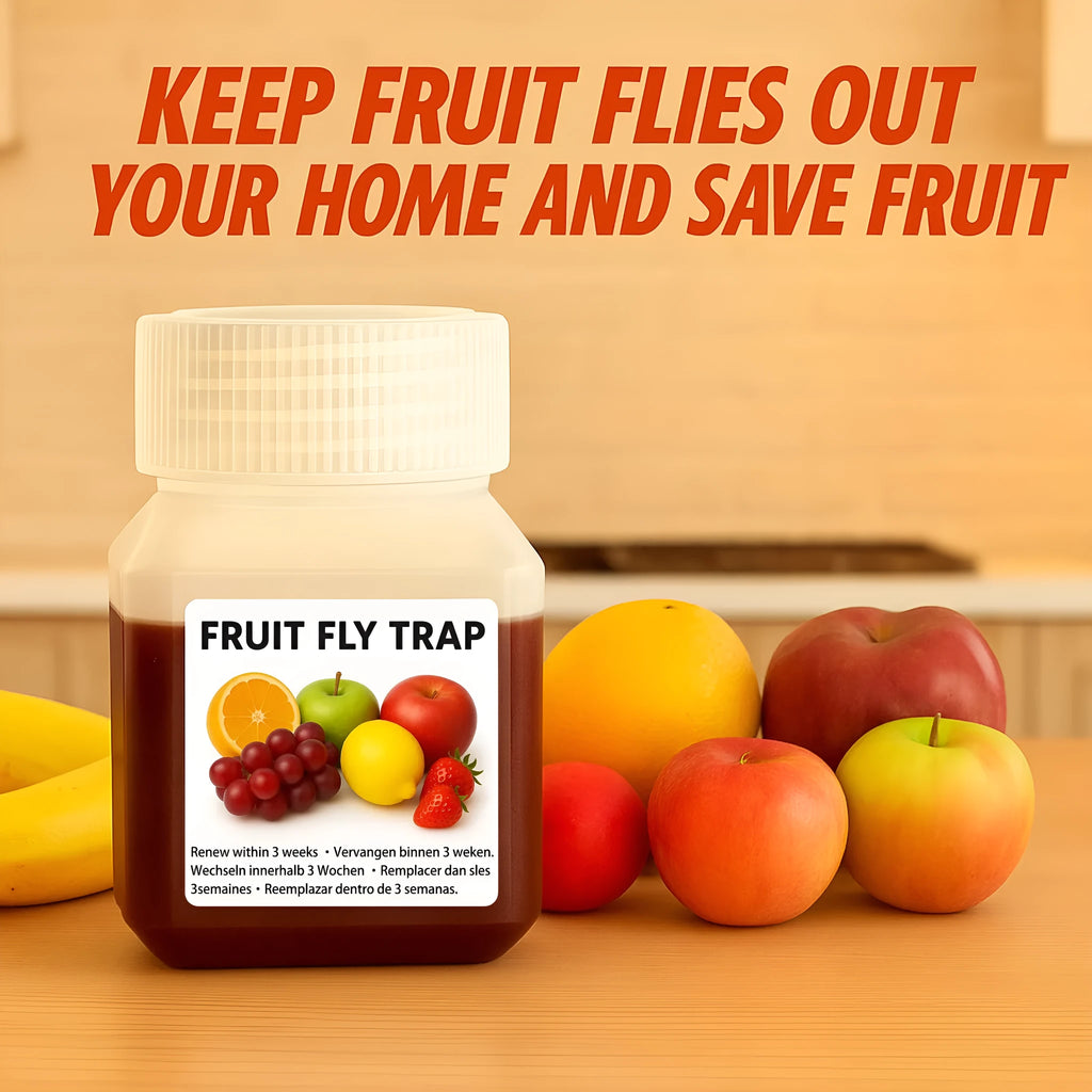 Clear plastic bottle of fruit fly trapper bait liquid for reusable pest control traps