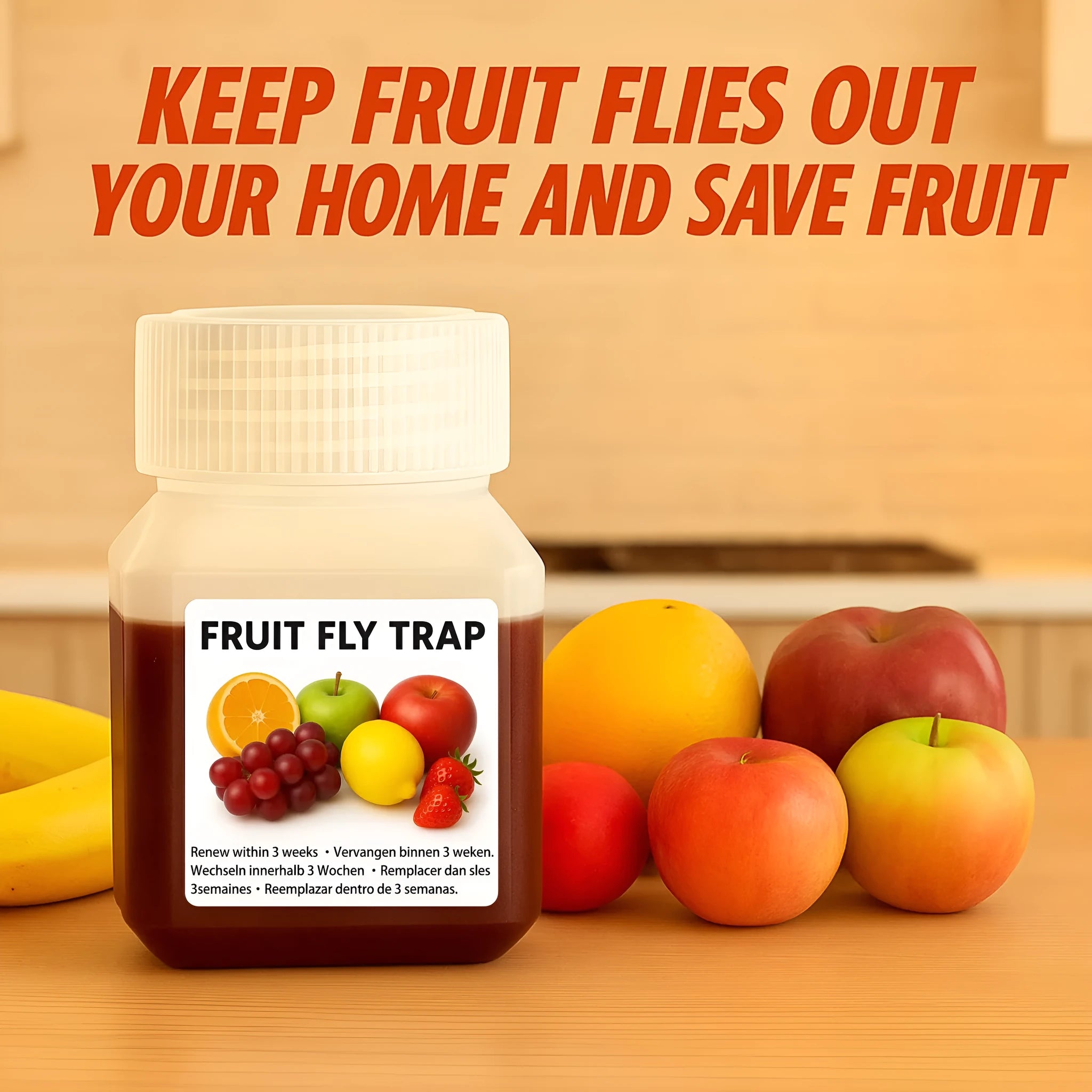 Clear plastic bottle of fruit fly trapper bait liquid for reusable pest control traps
