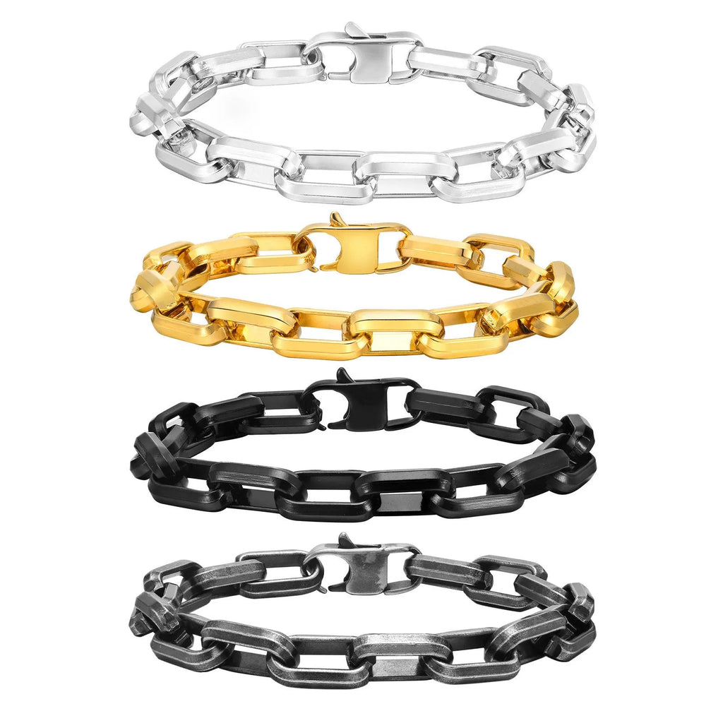Men's stainless steel bracelet with square chain links in steel, gold, black, or retro colour.