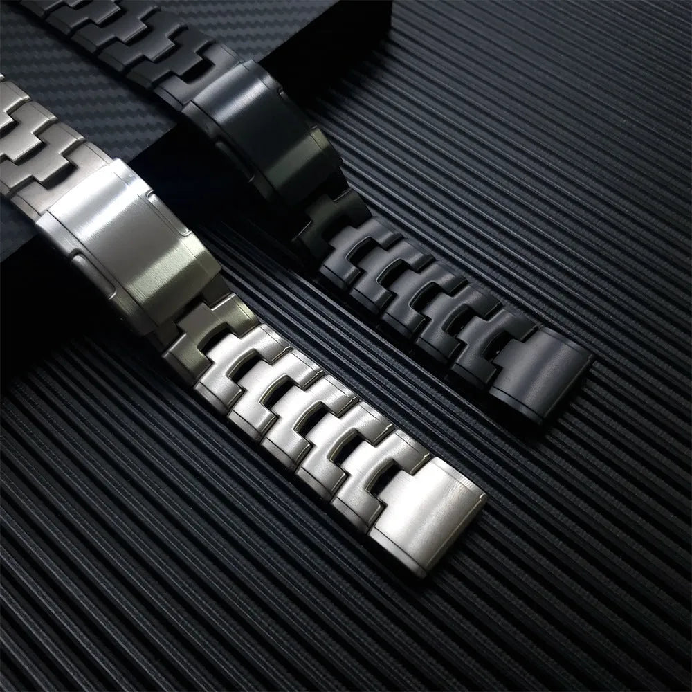 Garmin Fenix compatible watch strap in silver, black, and titanium colours showing 22mm and 26mm width options