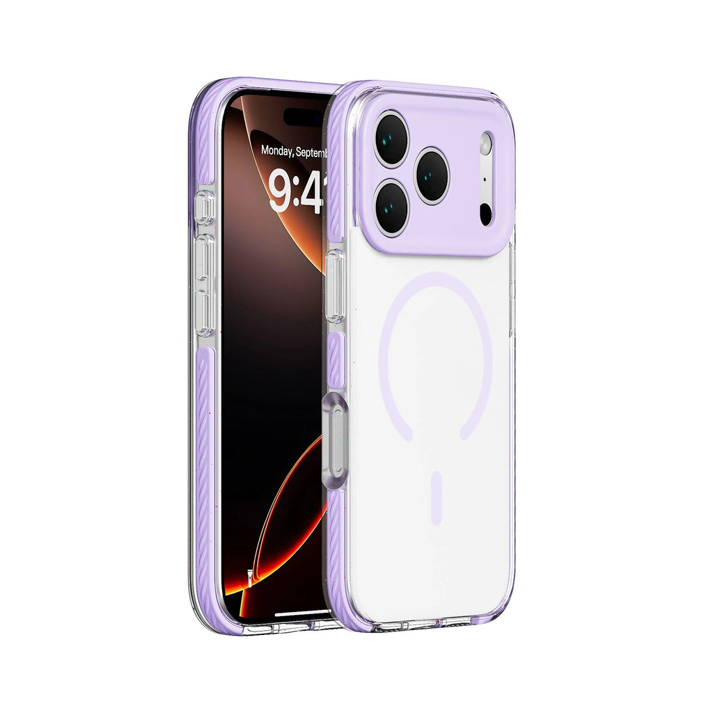 Transparent magnetic protective case for iPhone in candy pink colour, showing clear back and coloured sides.