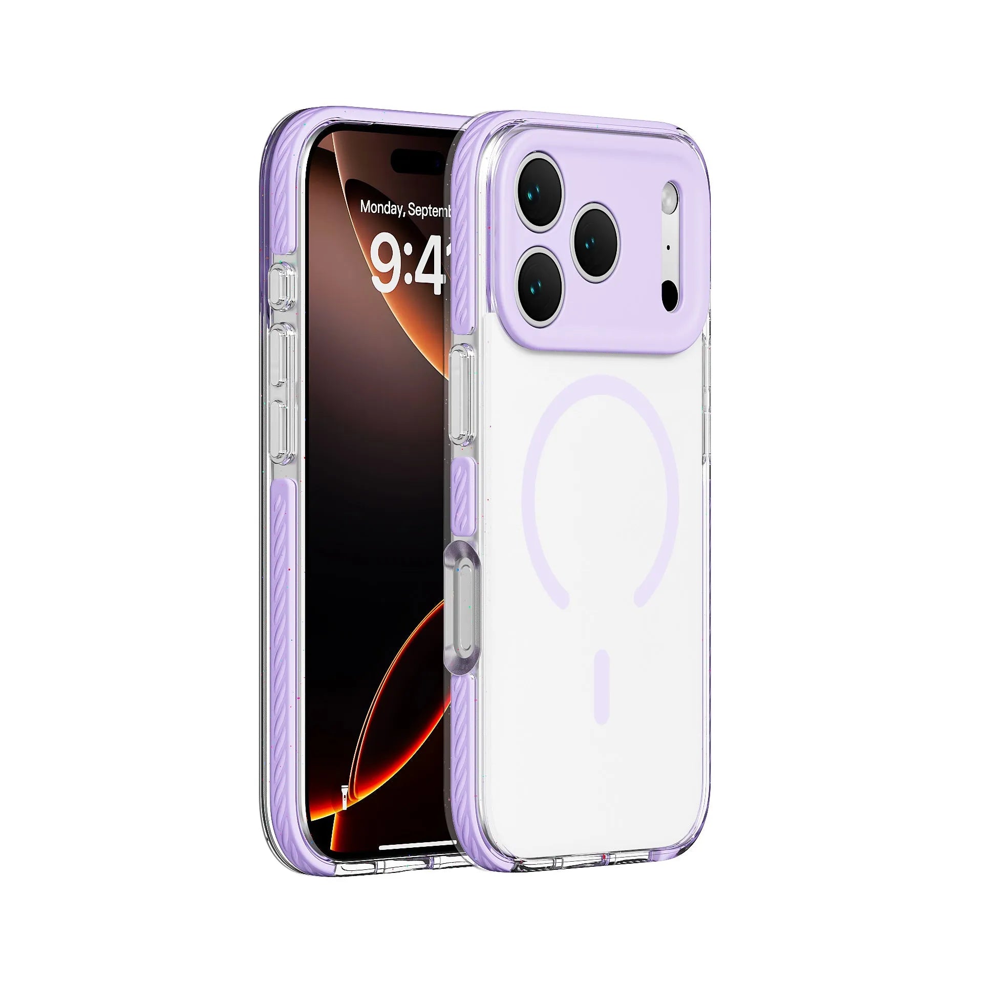 Transparent magnetic protective case for iPhone in candy pink colour, showing clear back and coloured sides.