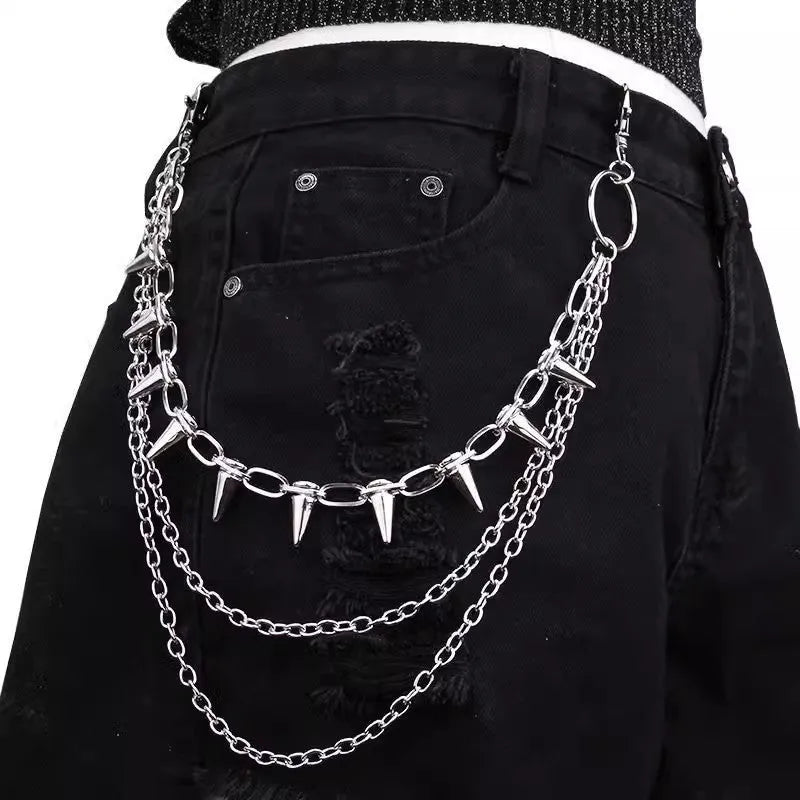 Silver punk pants chain with rivet detailing and zipper fastening, 115cm length