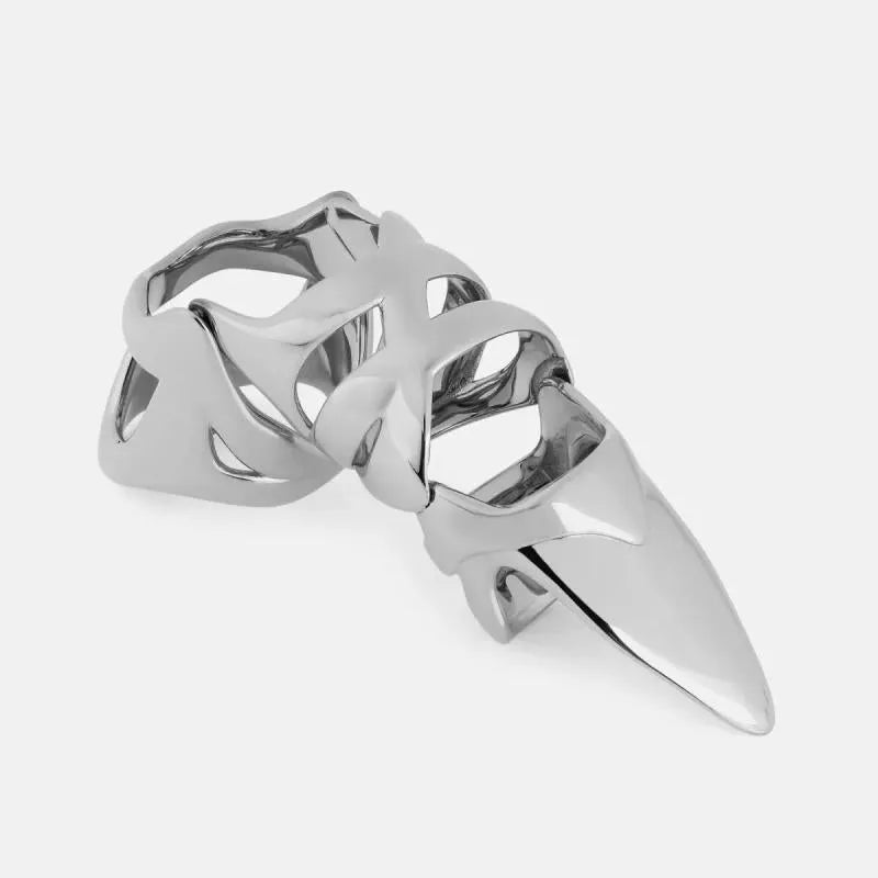 Silver-coloured alloy finger stall with a punk armour design.