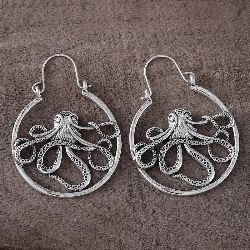 Vintage antique silver octopus earrings with retro styling and zinc alloy construction