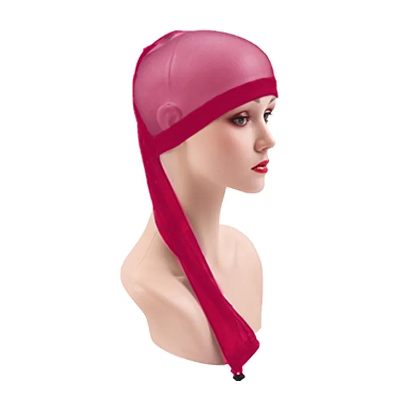 Adjustable mesh wig cap in spandex material showing oversleeve design for custom fit