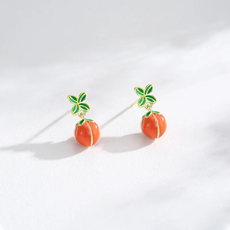 Sterling silver stud earrings with lucky persimmon fruit design in New Chinese style
