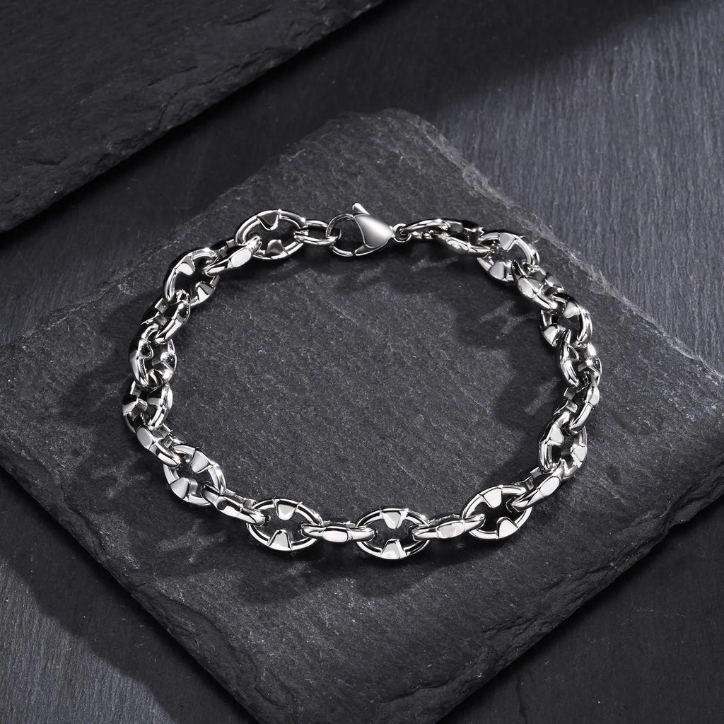 Handmade stainless steel thick geometric chain bracelet in steel colour, a unisex hip hop fashion accessory