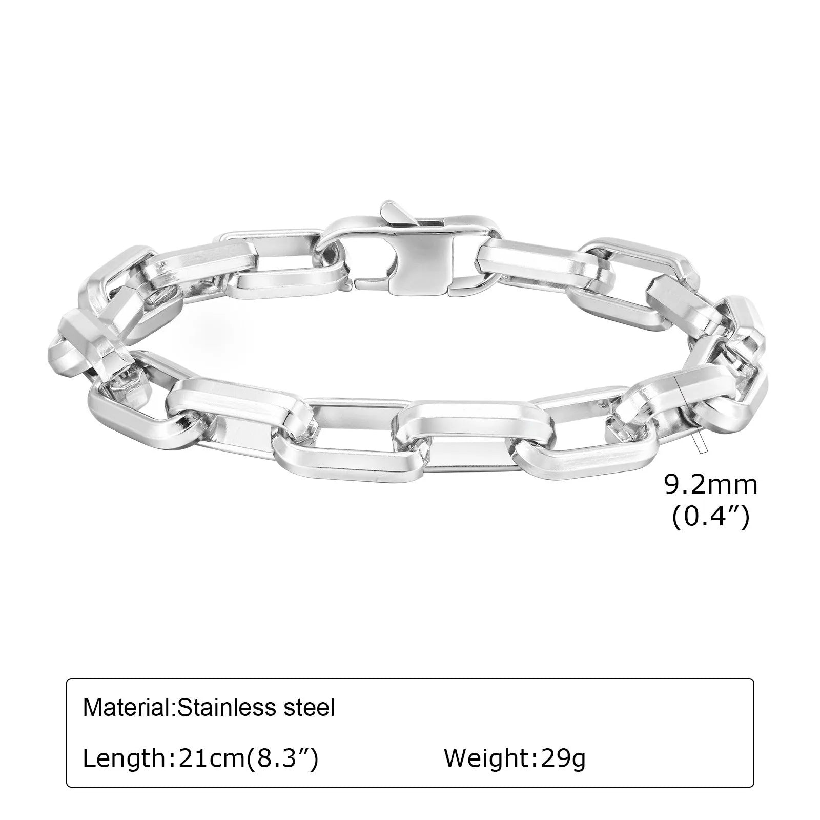 Men's stainless steel bracelet with square chain links in steel, gold, black, or retro colour.