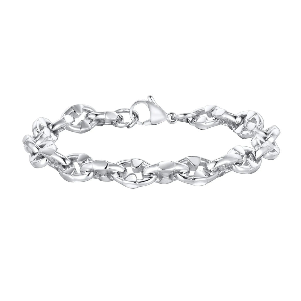 Handmade stainless steel thick geometric chain bracelet in steel colour, a unisex hip hop fashion accessory