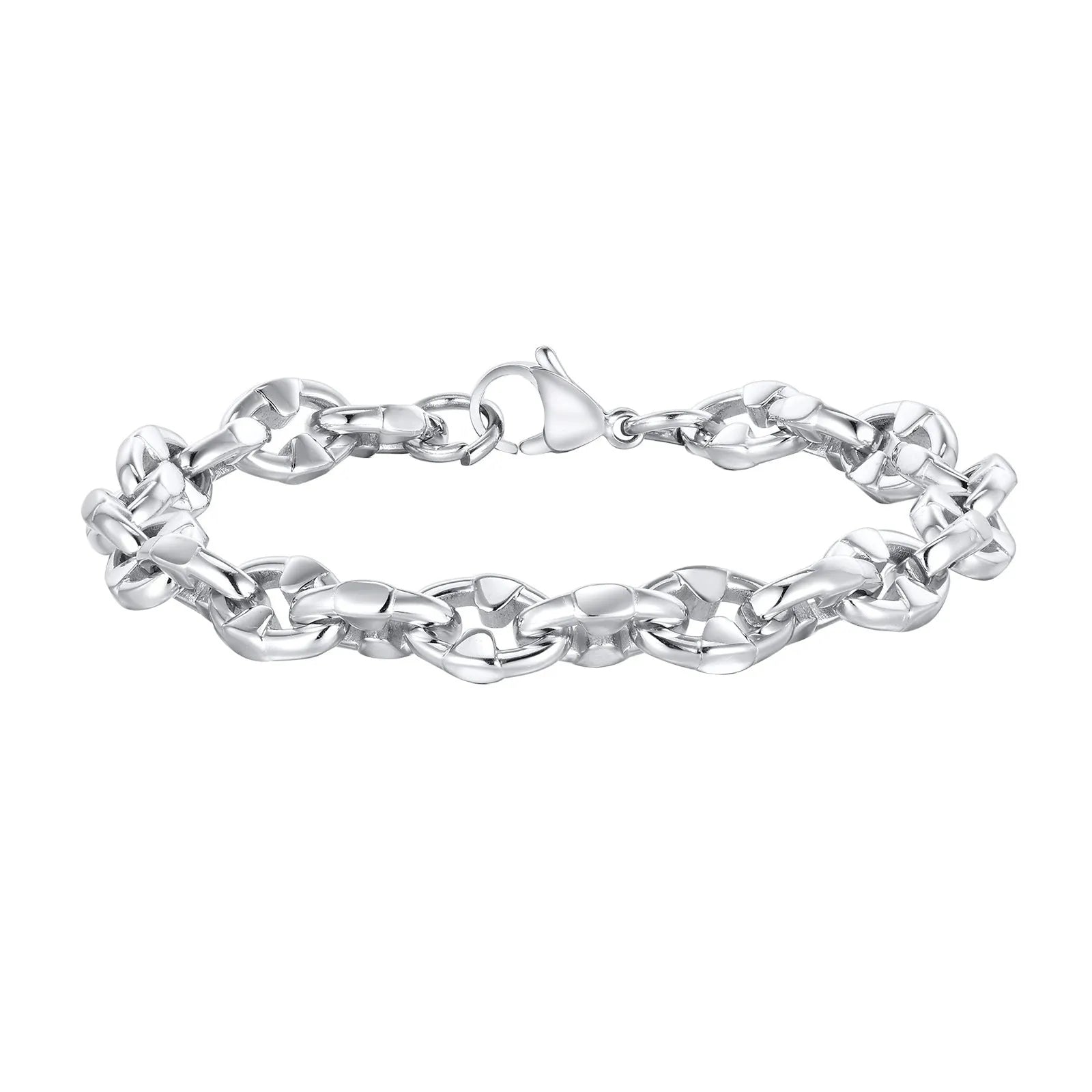 Handmade stainless steel thick geometric chain bracelet in steel colour, a unisex hip hop fashion accessory