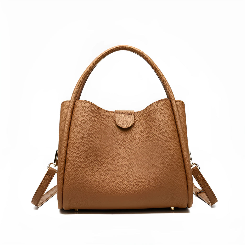 Genuine leather vegetable basket handbag in cylindrical shape with open pocket outer and sandwich zipper bag interior