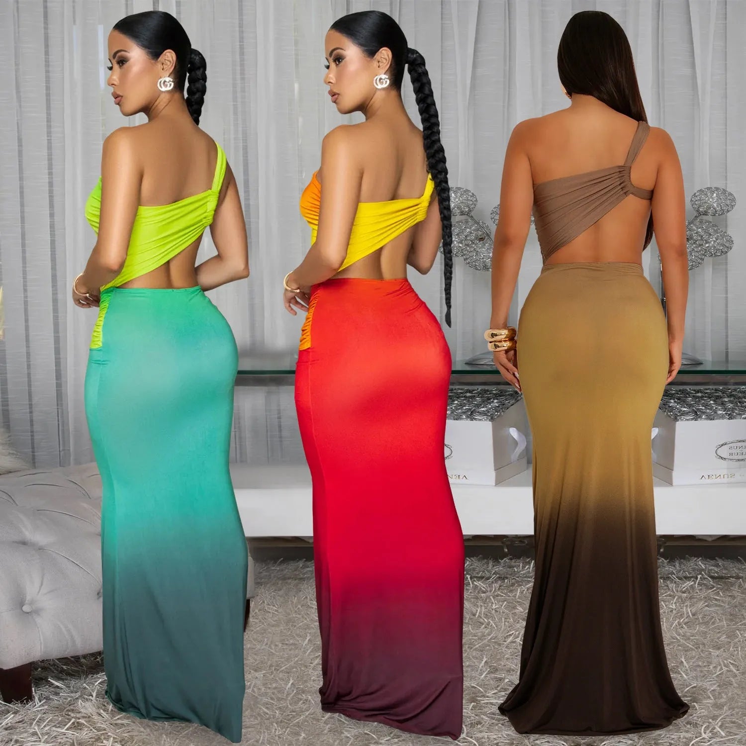 Women's gradient colour sleeveless dress with a cross-shoulder neckline and long A-line skirt.