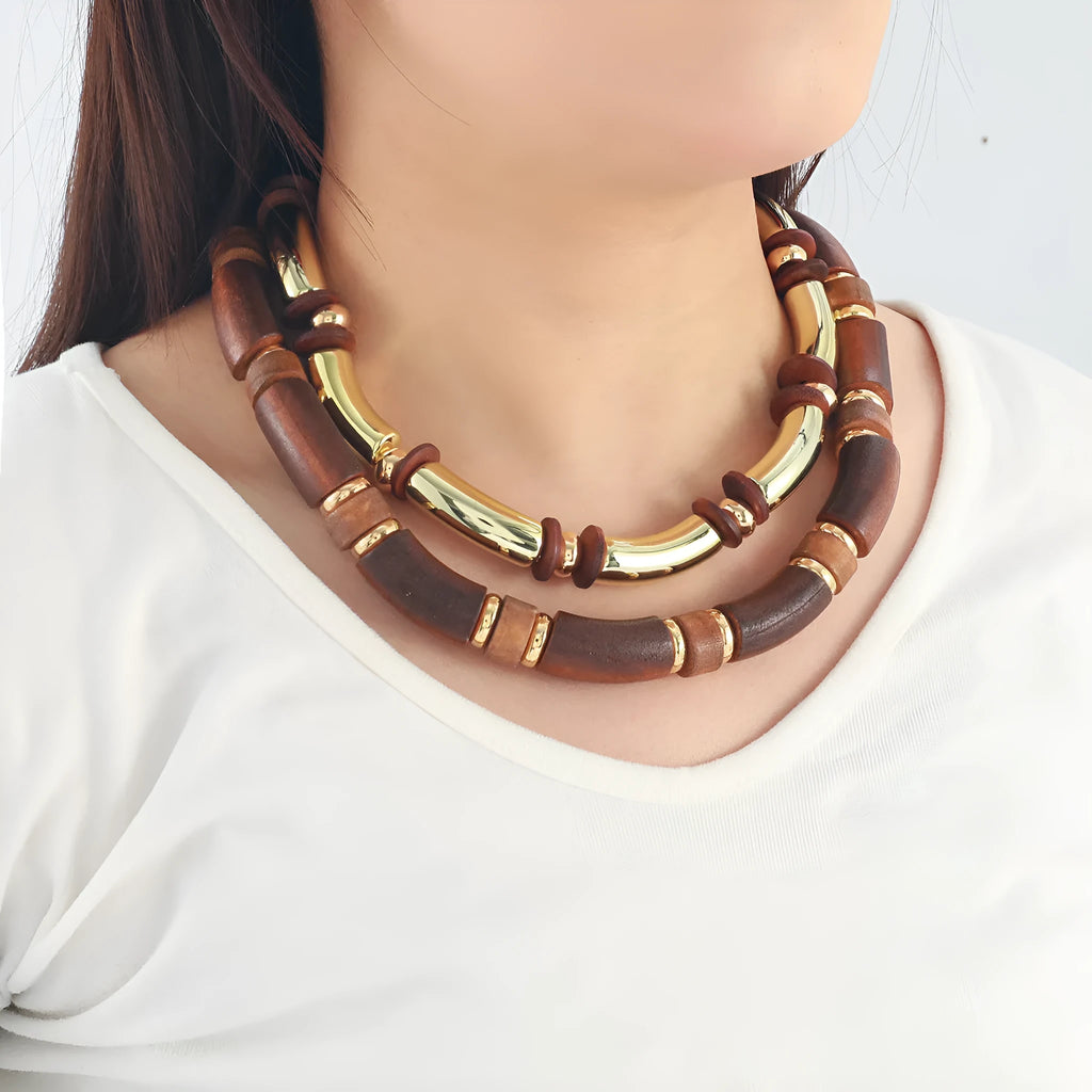 Women's multi-layer wooden necklace and bracelet set with alloy pendant and regular chain