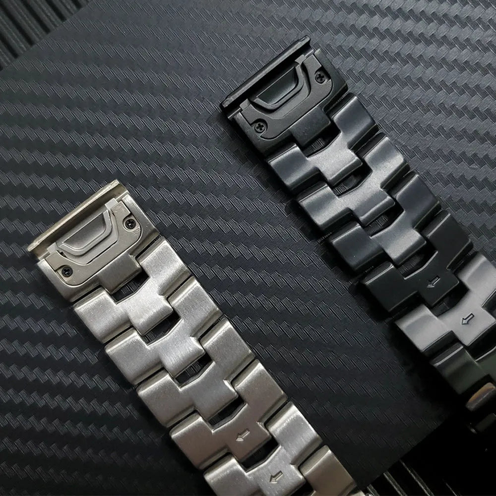 Garmin Fenix compatible watch strap in silver, black, and titanium colours showing 22mm and 26mm width options