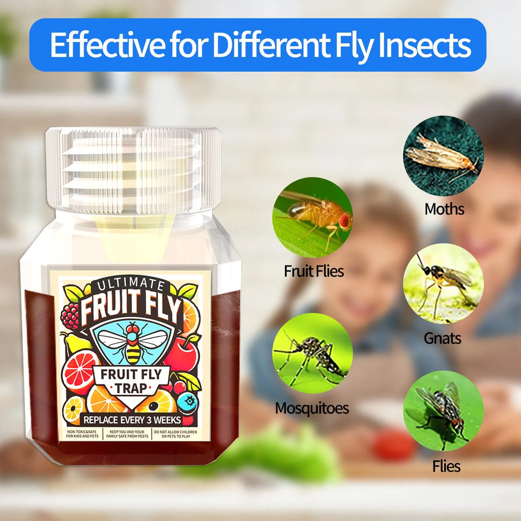 Clear plastic bottle of fruit fly trapper bait liquid for reusable pest control traps