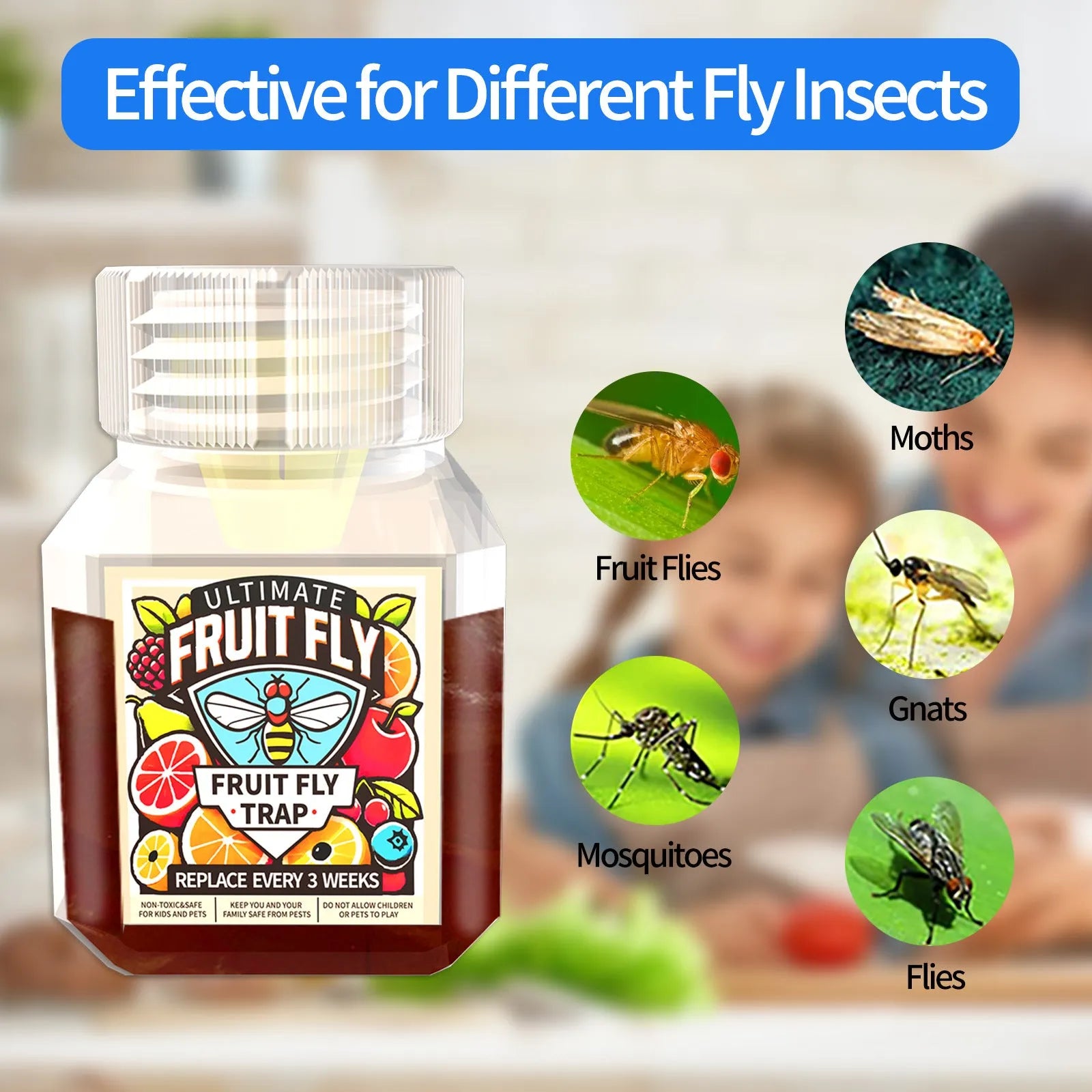 Clear plastic bottle of fruit fly trapper bait liquid for reusable pest control traps