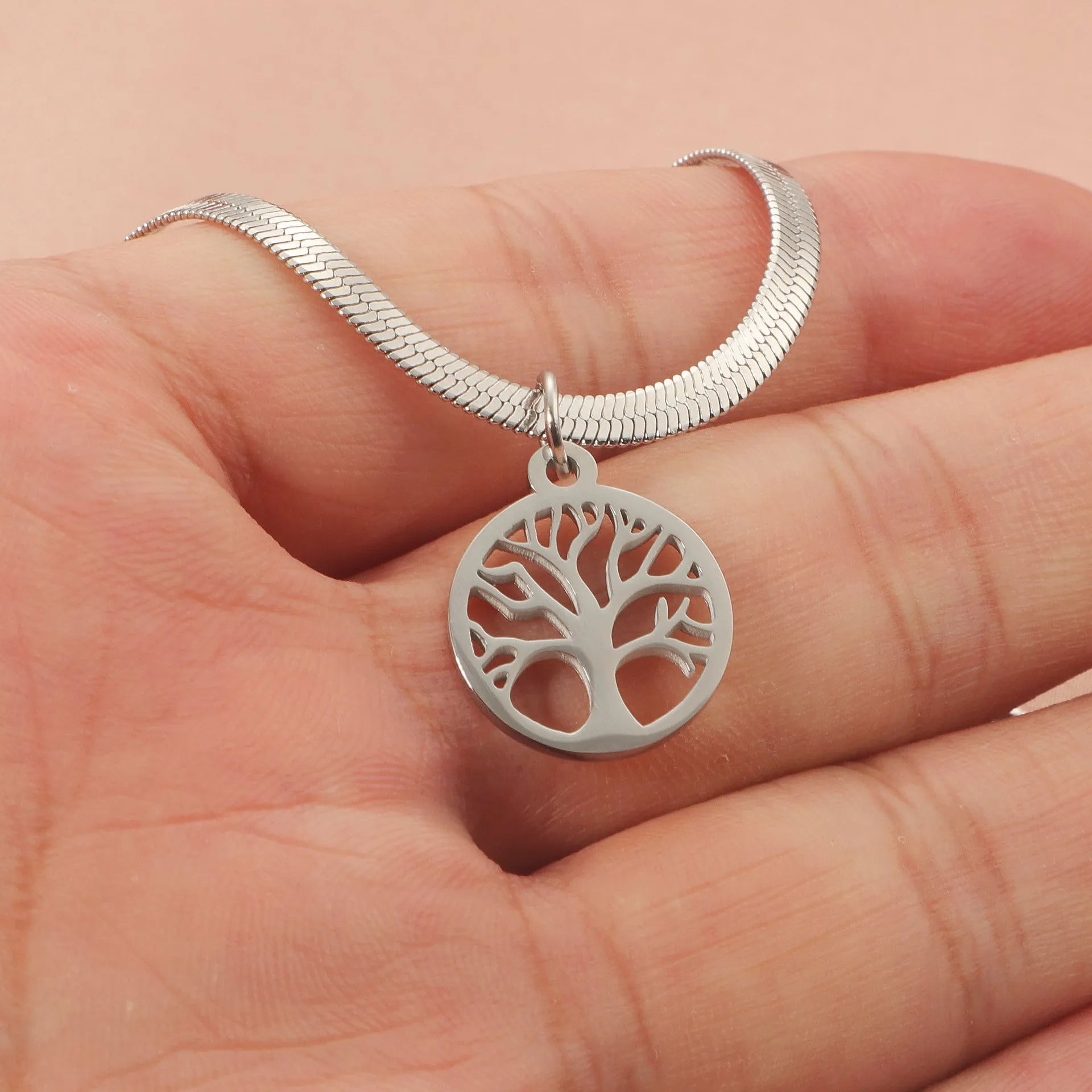 Stainless steel tree pendant necklace with snake bones chain in gold colour