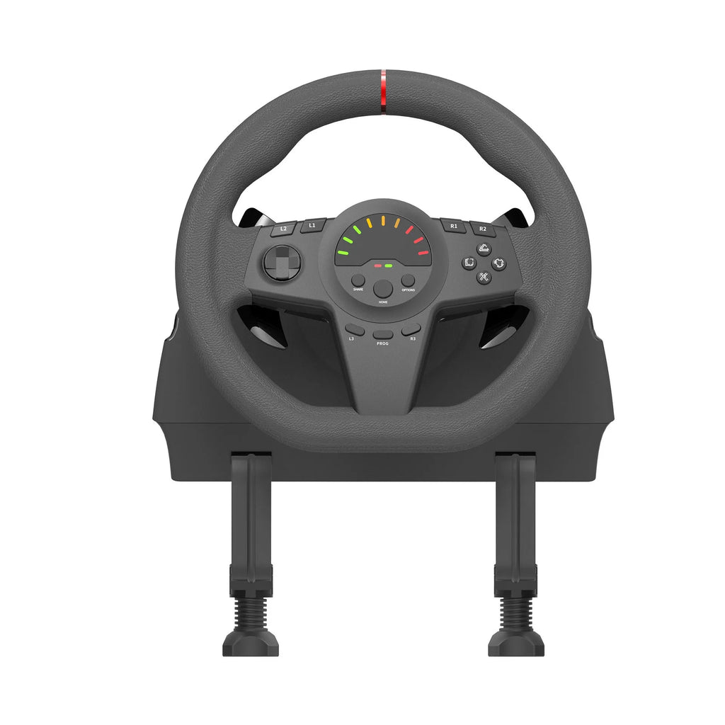 Black multi-platform gaming steering wheel with two pedals, vibration feedback and LED display