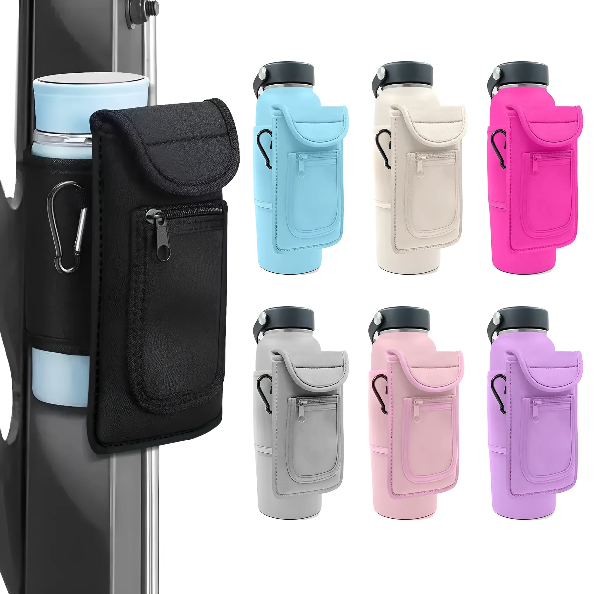 Cloth kettle sleeve for large sports bottles with magnetic and carabiner closure options in various colours.