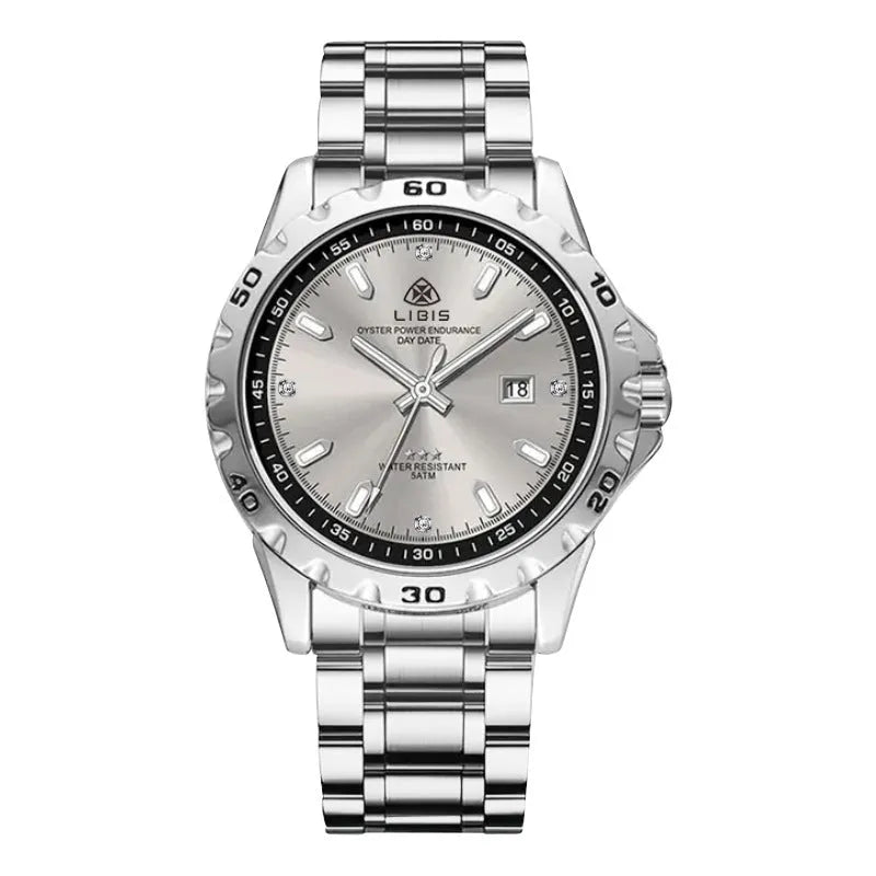 Men's silver case business watch with stainless steel strap and luminous hands on a grey dial.