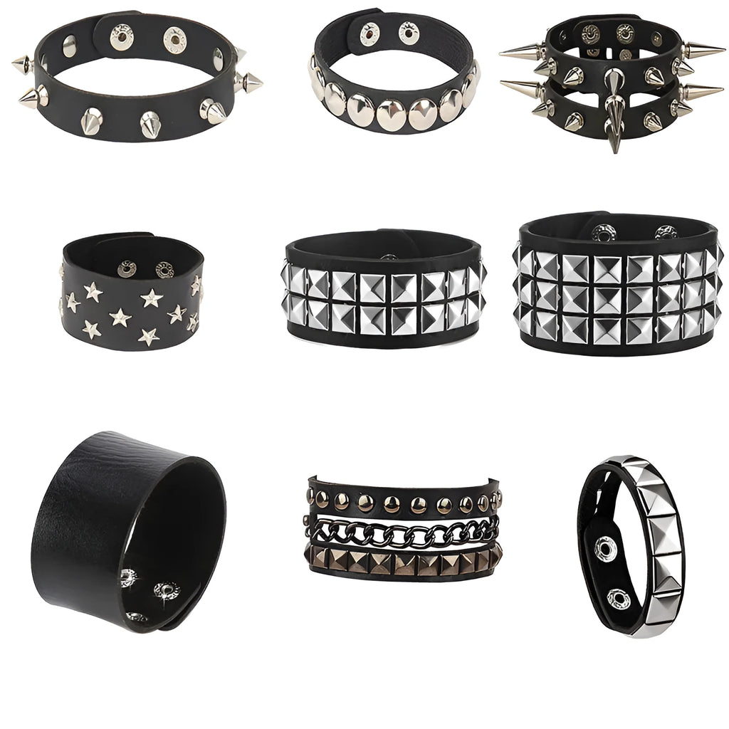 Black PU punk rivet bracelet with geometric shape on unisex wrist