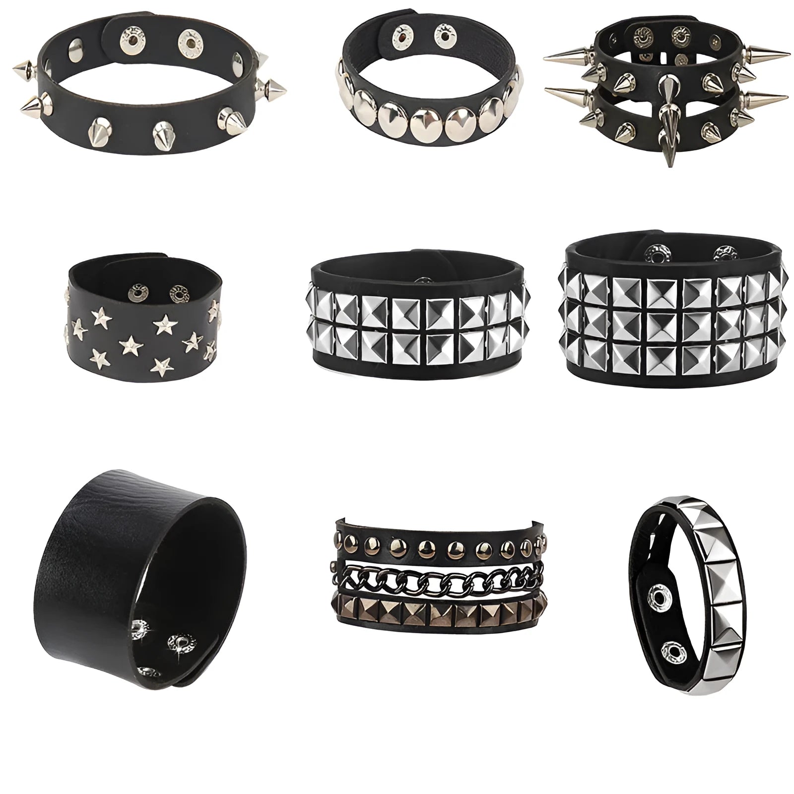 Black PU punk rivet bracelet with geometric shape on unisex wrist
