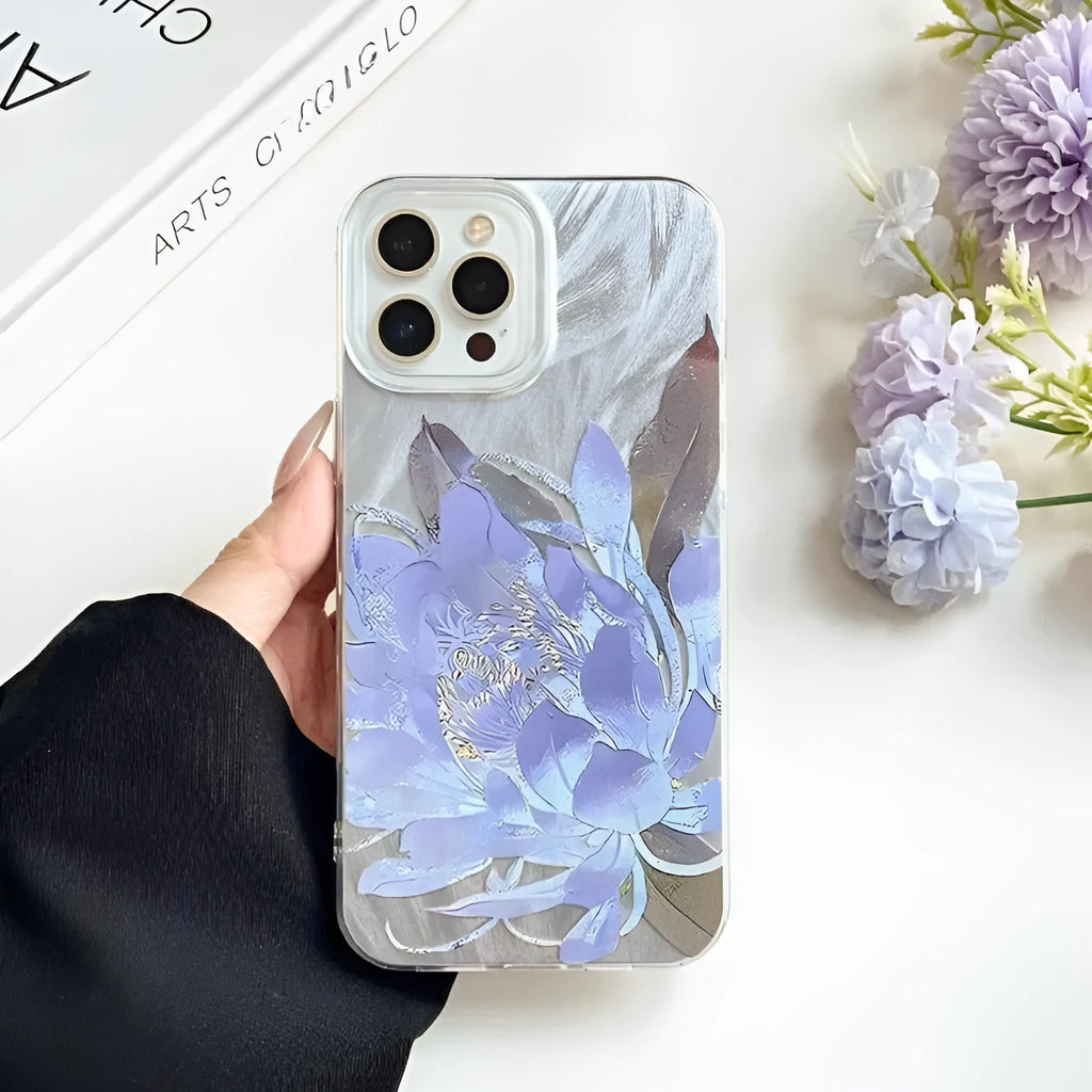 Transparent blue lotus fairy pattern iPhone hard case showing front and back views