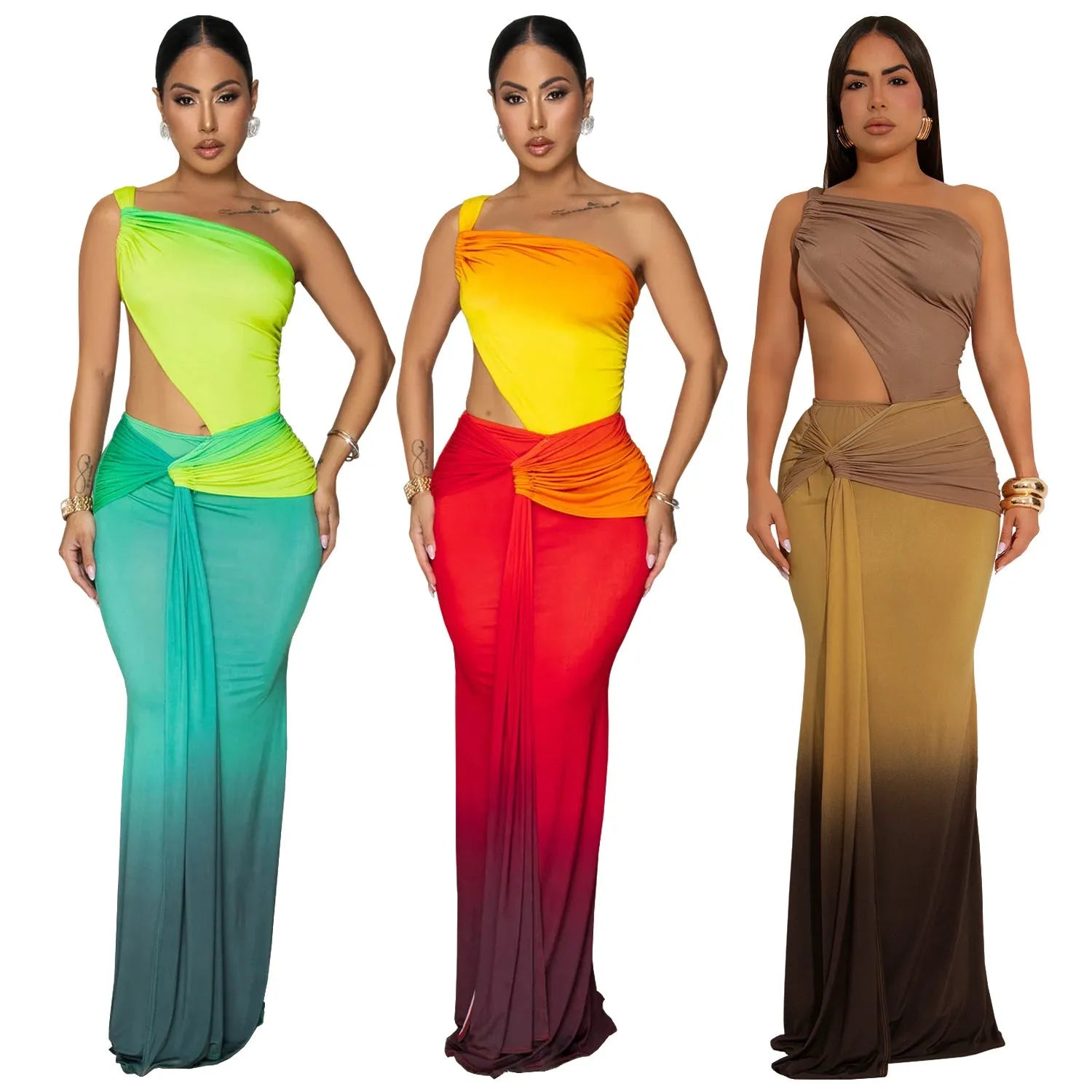 Women's gradient colour sleeveless dress with a cross-shoulder neckline and long A-line skirt.
