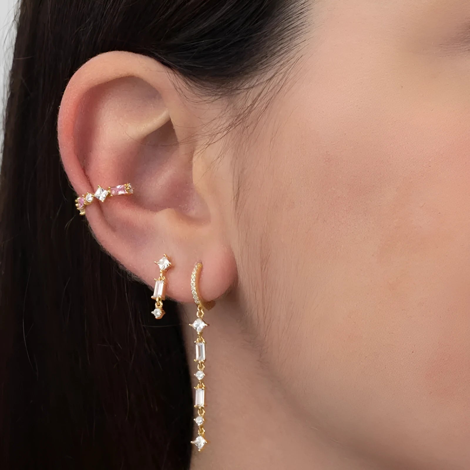 Sterling silver geometric U-shaped earrings with colourful zircon stones and tassel ear clip