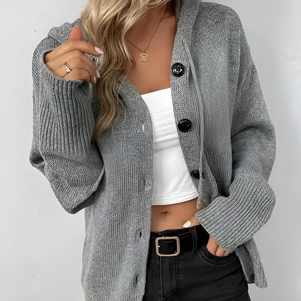 Solid colour hooded single-breasted cotton sweater in thick fabric with regular sleeves