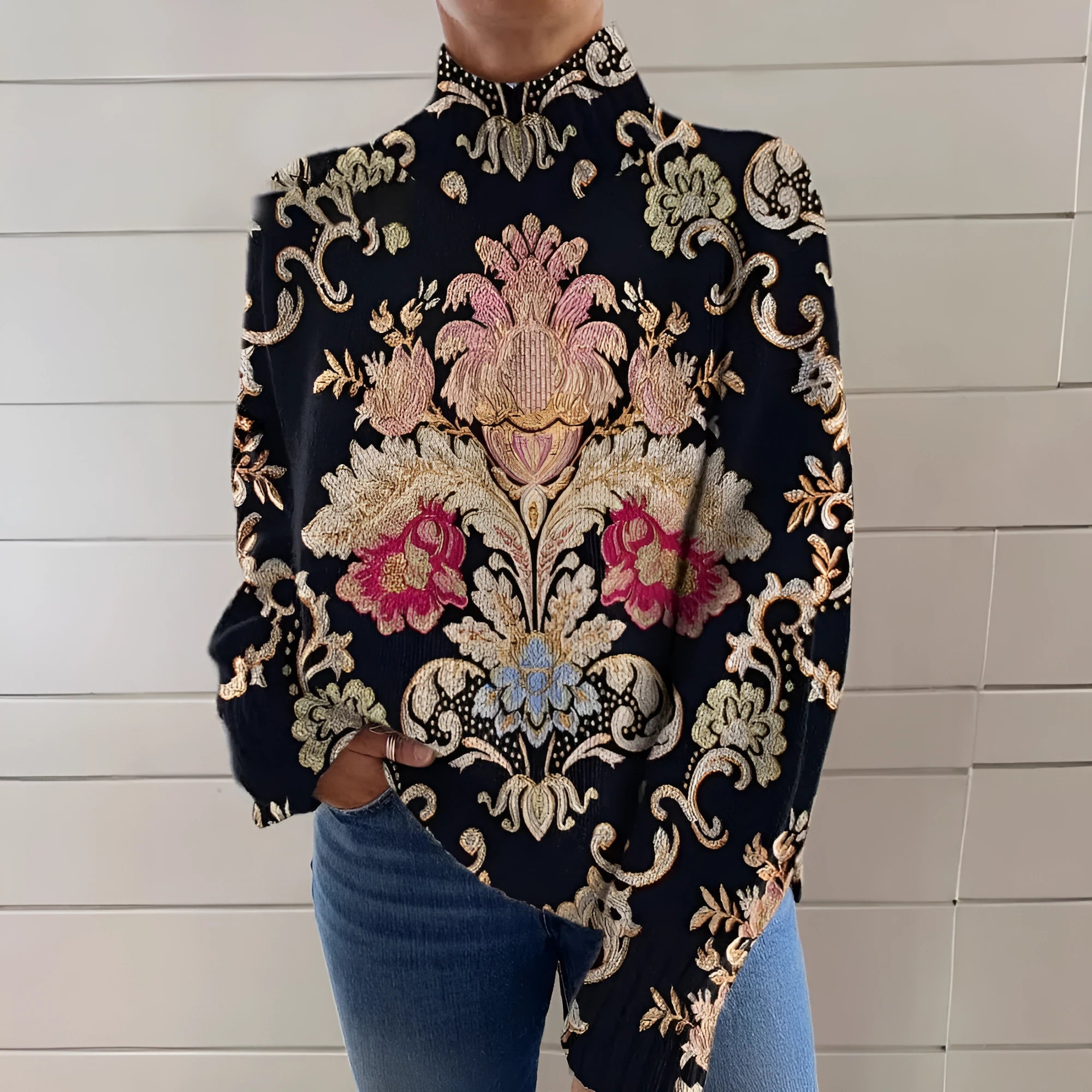 Black Line 3D pattern printed turtleneck long sleeve sweater loose fit
