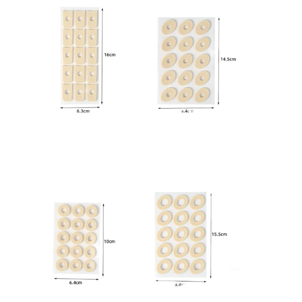 Women's PU heel corn protector toe pads showing four different shapes: circular, large oval, small oval and U-shaped