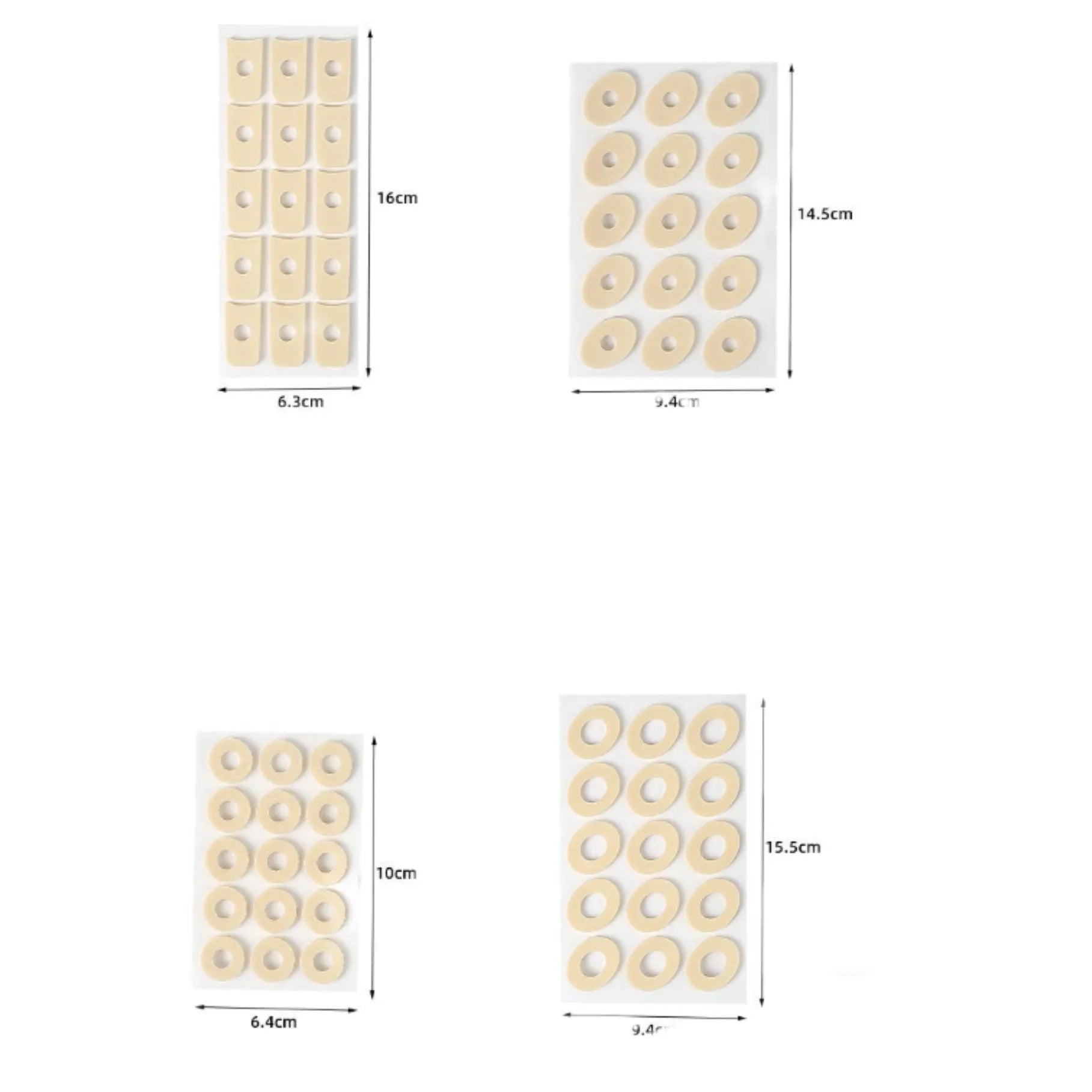 Women's PU heel corn protector toe pads showing four different shapes: circular, large oval, small oval and U-shaped