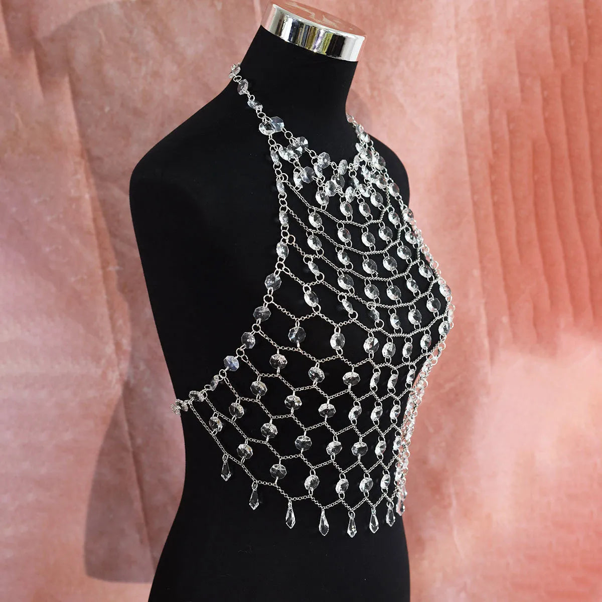 Transparent acrylic crystal sequin body chain with hand-woven plastic and resin construction