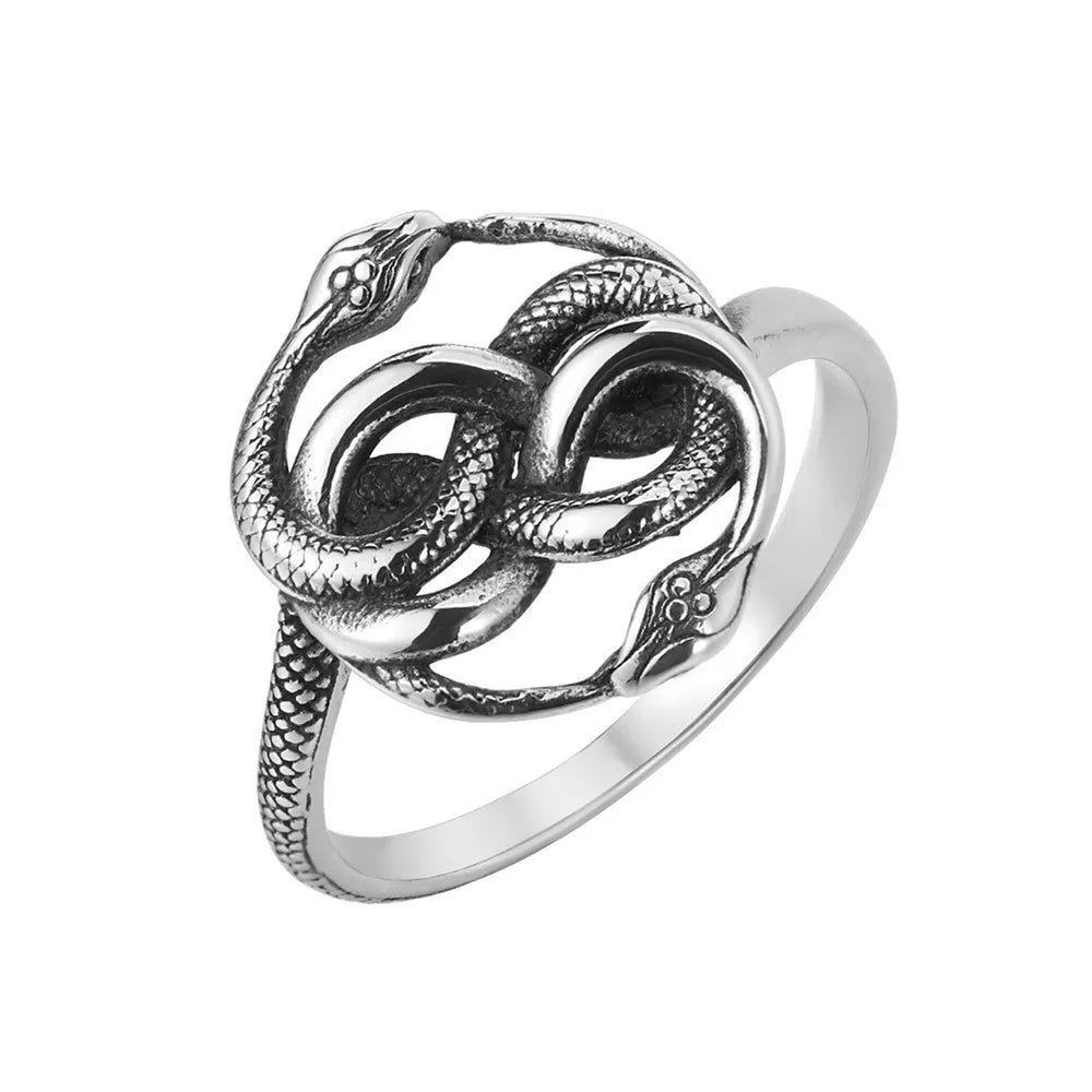 A steel-coloured titanium steel ring featuring a detailed double snake design in a retro style.