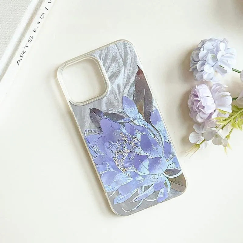 Transparent blue lotus fairy pattern iPhone hard case showing front and back views