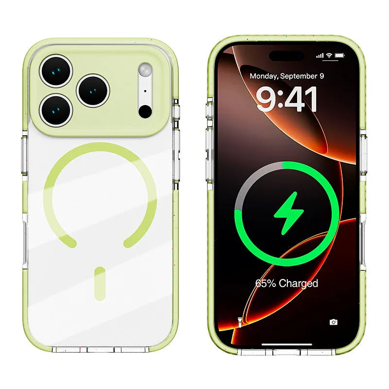 Transparent magnetic protective case for iPhone in candy pink colour, showing clear back and coloured sides.