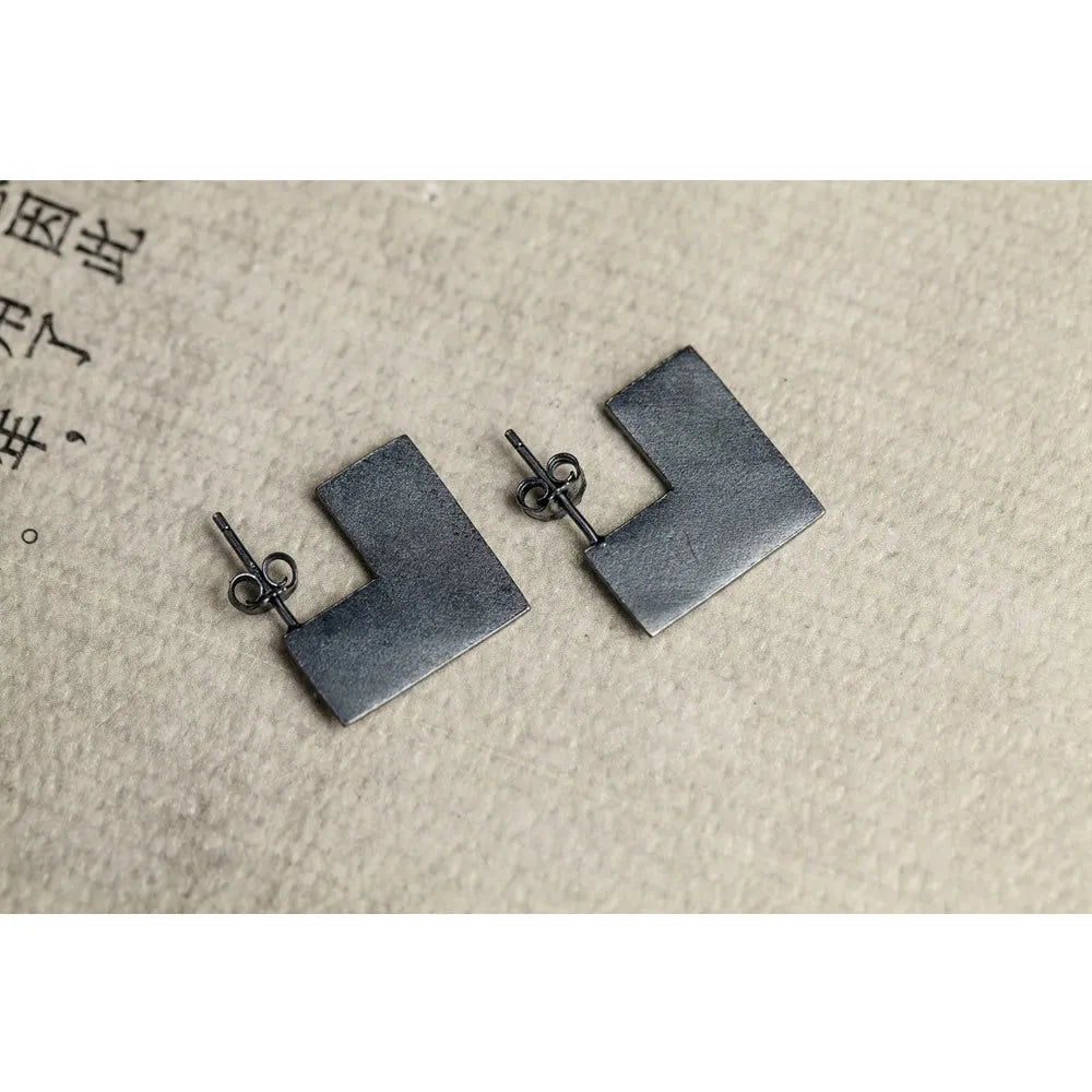 Oxidised black geometric square sterling silver earrings measuring approximately 16mm