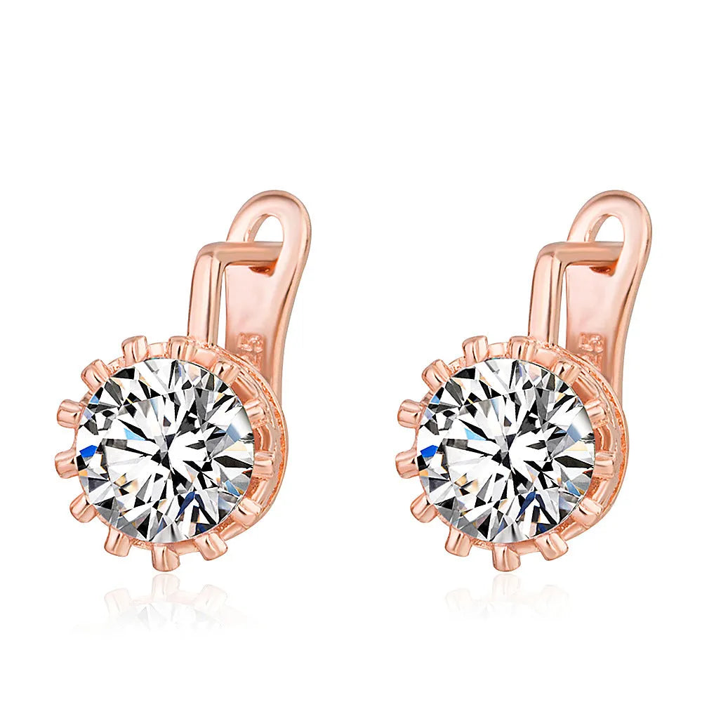 Korean retro style crown-shaped copper ear clips with white diamonds in rose gold or white gold colour.