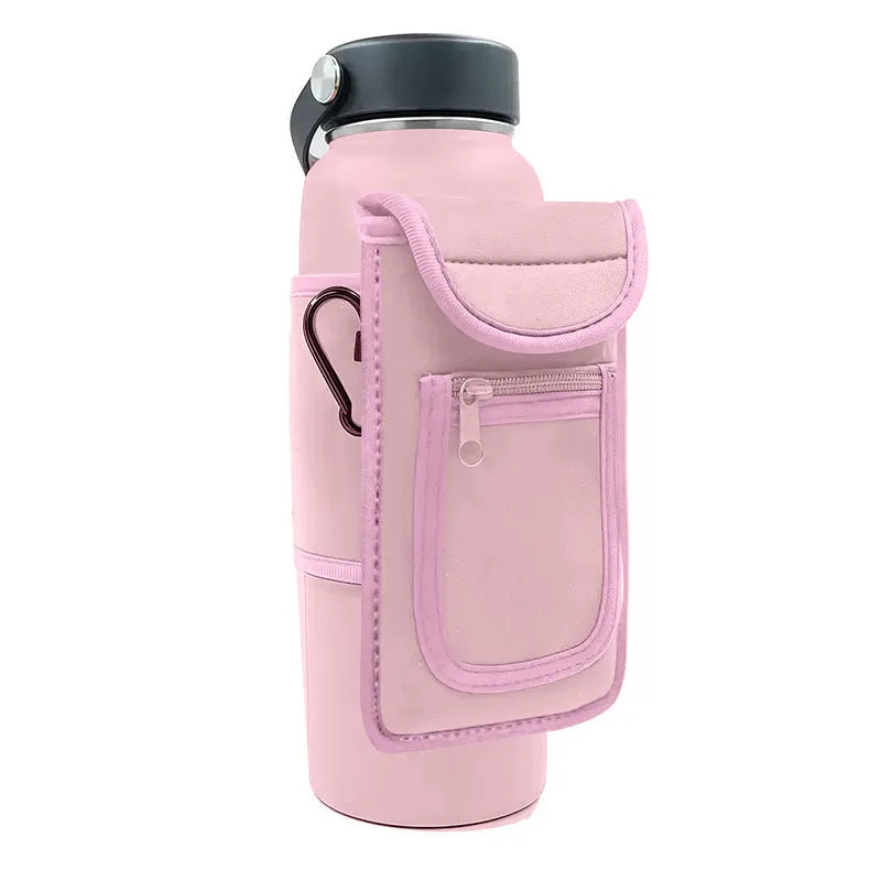 Cloth kettle sleeve for large sports bottles with magnetic and carabiner closure options in various colours.