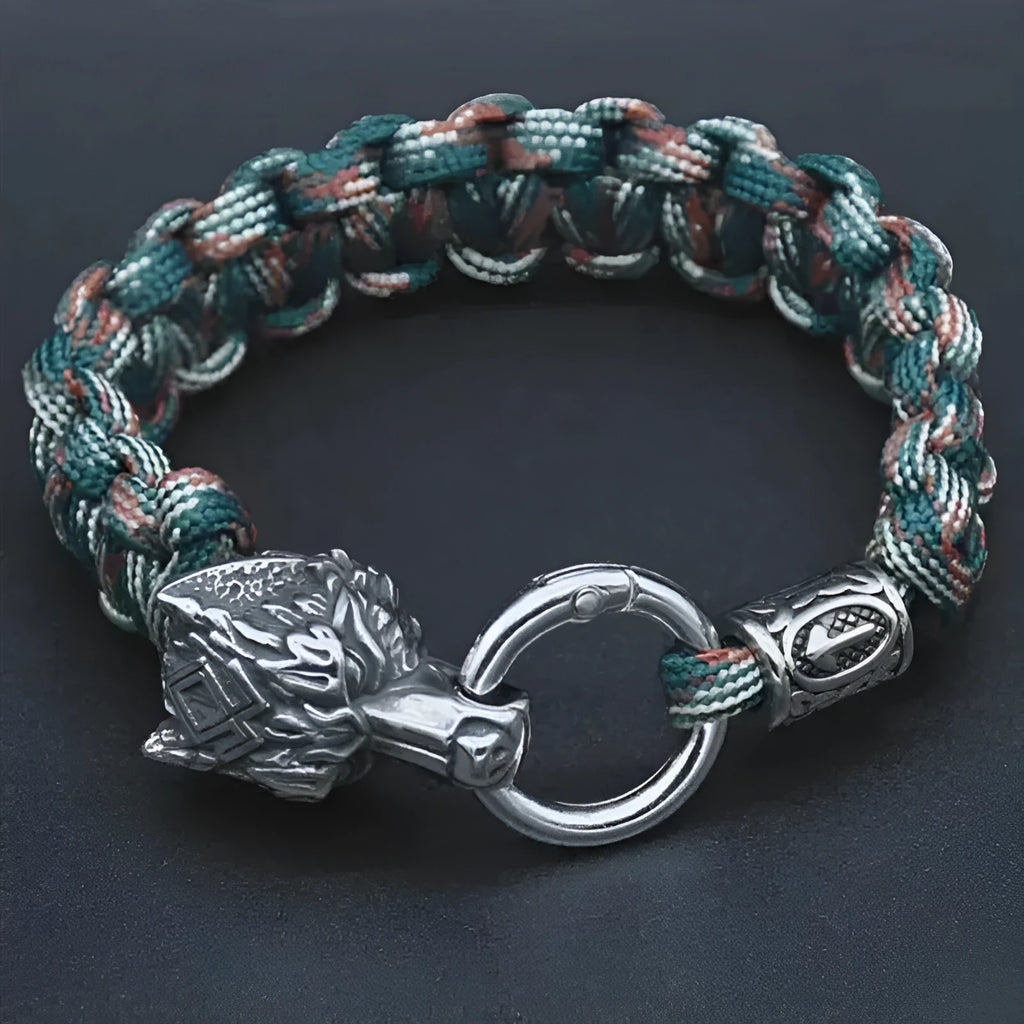 Polished stainless steel wolf head bracelet with camouflage colour finish showing detailed animal modelling