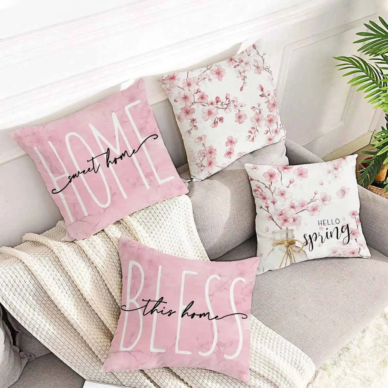 Square short velvet cushion cover with cherry blossom and letter print, 45x45cm.
