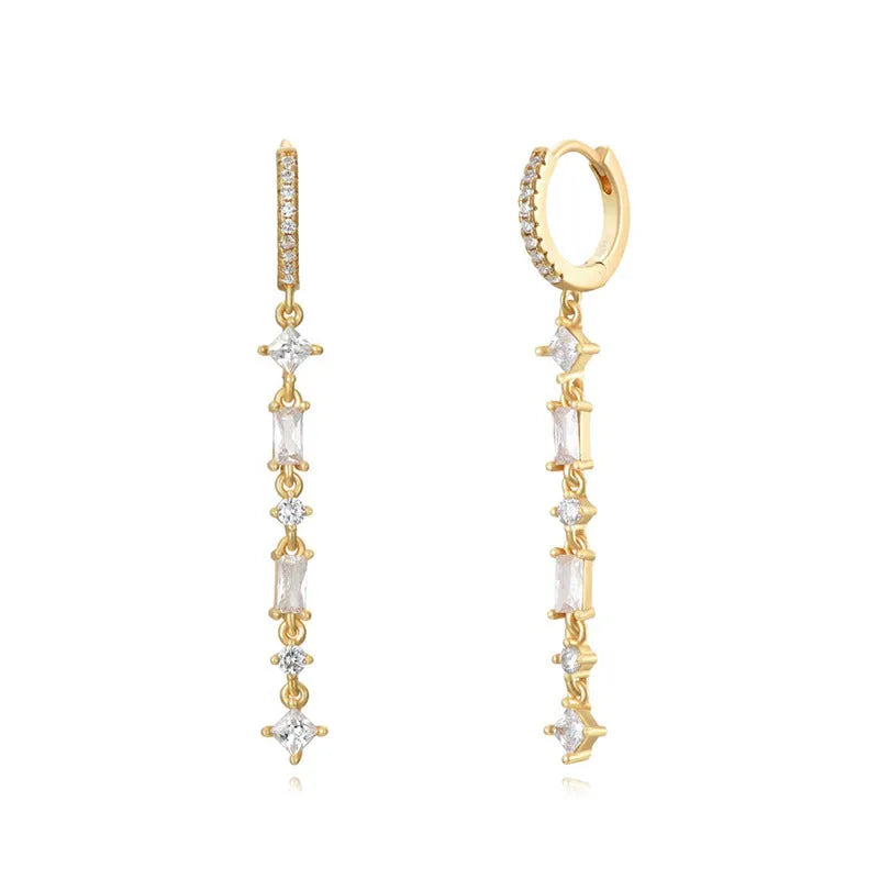 Sterling silver geometric U-shaped earrings with colourful zircon stones and tassel ear clip