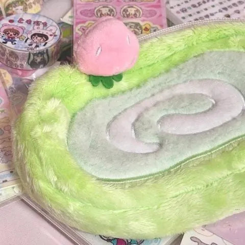 Honeydew roll plush velvet pencil case with Swiss roll cake design in Korean style