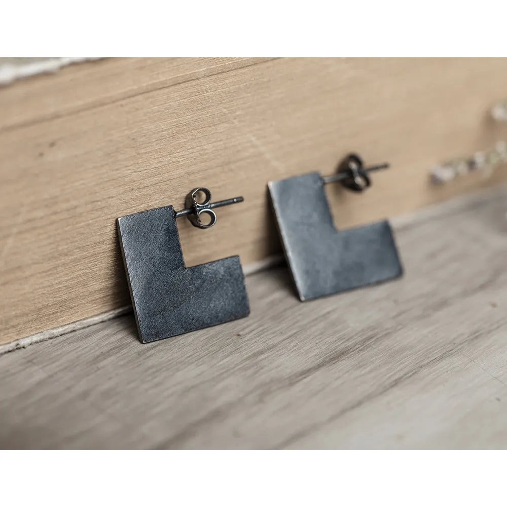 Oxidised black geometric square sterling silver earrings measuring approximately 16mm