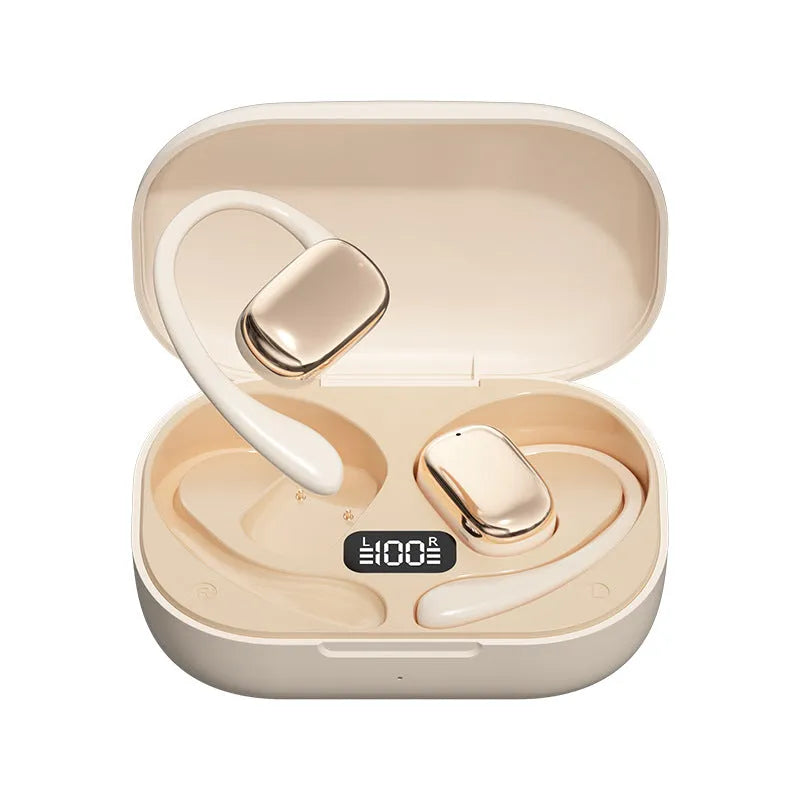 Creative design ear-mounted wireless headphones with a digital display screen on the earpiece.