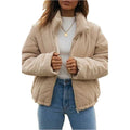 Women's apricot corduroy wadded jacket with stand collar and zip front closure