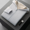 Men's dark blue cashmere cardigan sweater with half-high collar and zipper front in thickened construction