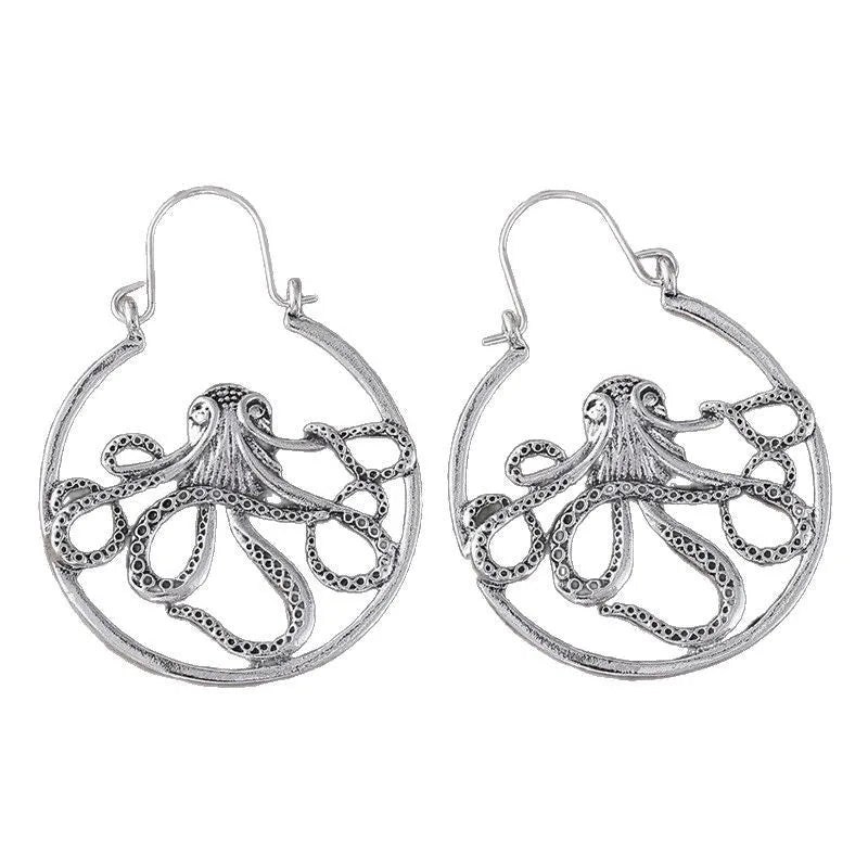 Vintage antique silver octopus earrings with retro styling and zinc alloy construction